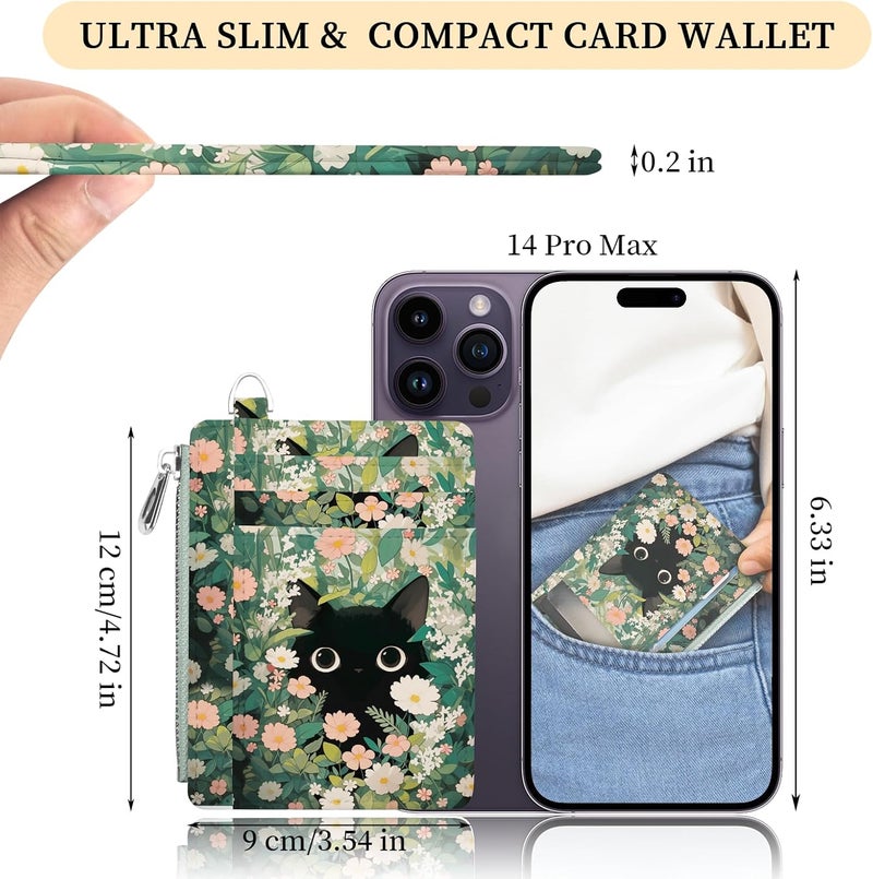Hancynir Slim Wallet Women Credit Card Holder Cute Black Cat Floral RFID Small Mini Card Case Front Pocket PU Leather Thin Travel Zipper Coin Cash ID Window Girls Wallet Gifts - Image 2